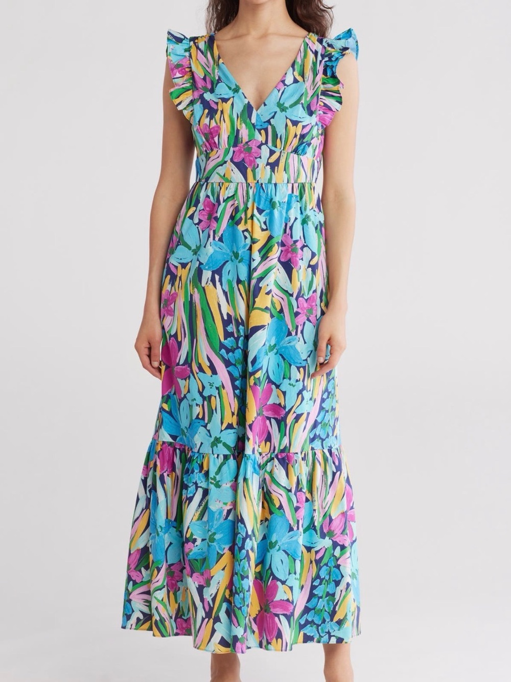 Floral Ruffle V-Neck Maxi Dress Size M Navy/Aqua - Picture 1 of 14
